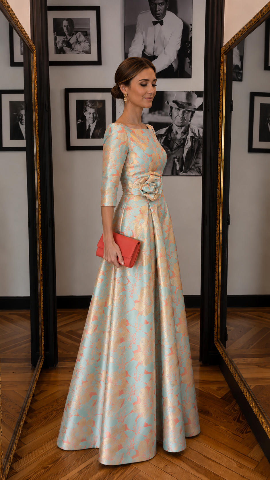 Side view of aqua and peach floral jacquard formal gown with 3/4 sleeves and full skirt