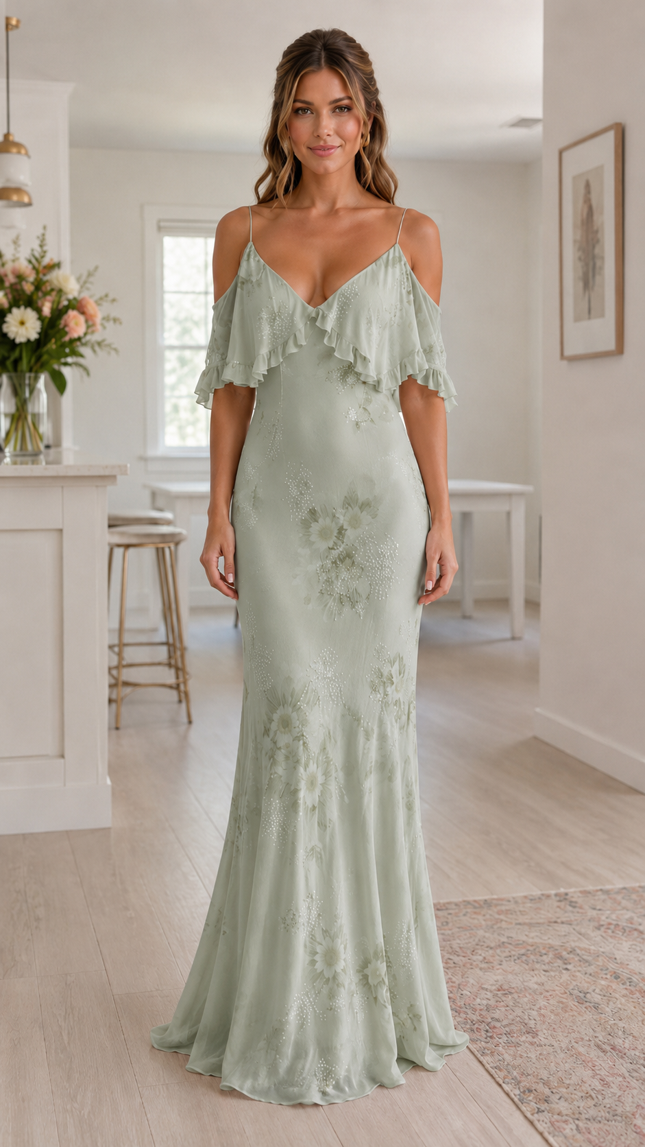 Front view of sage cold shoulder ruffle floral maxi dress