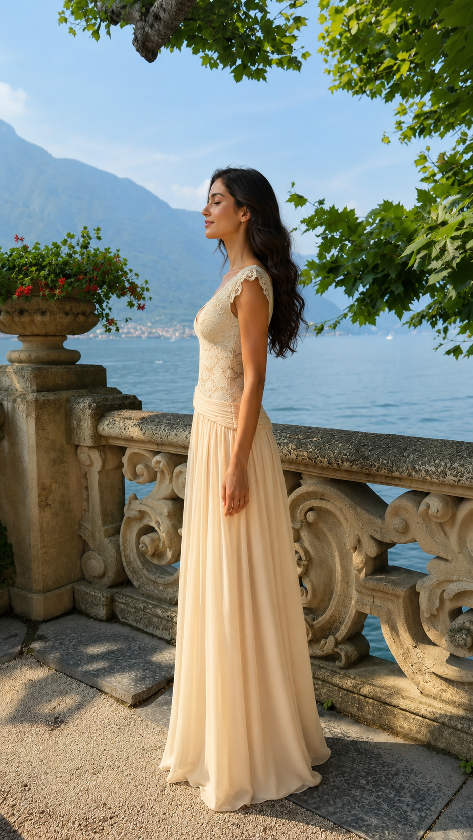 Side view of champagne V-neck lace bodice floor-length dress