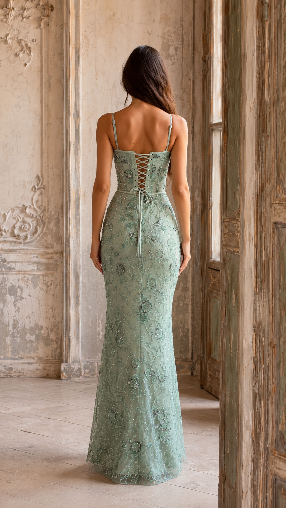 Back view of sage embroidered lace mermaid maxi dress with lace-up corset back