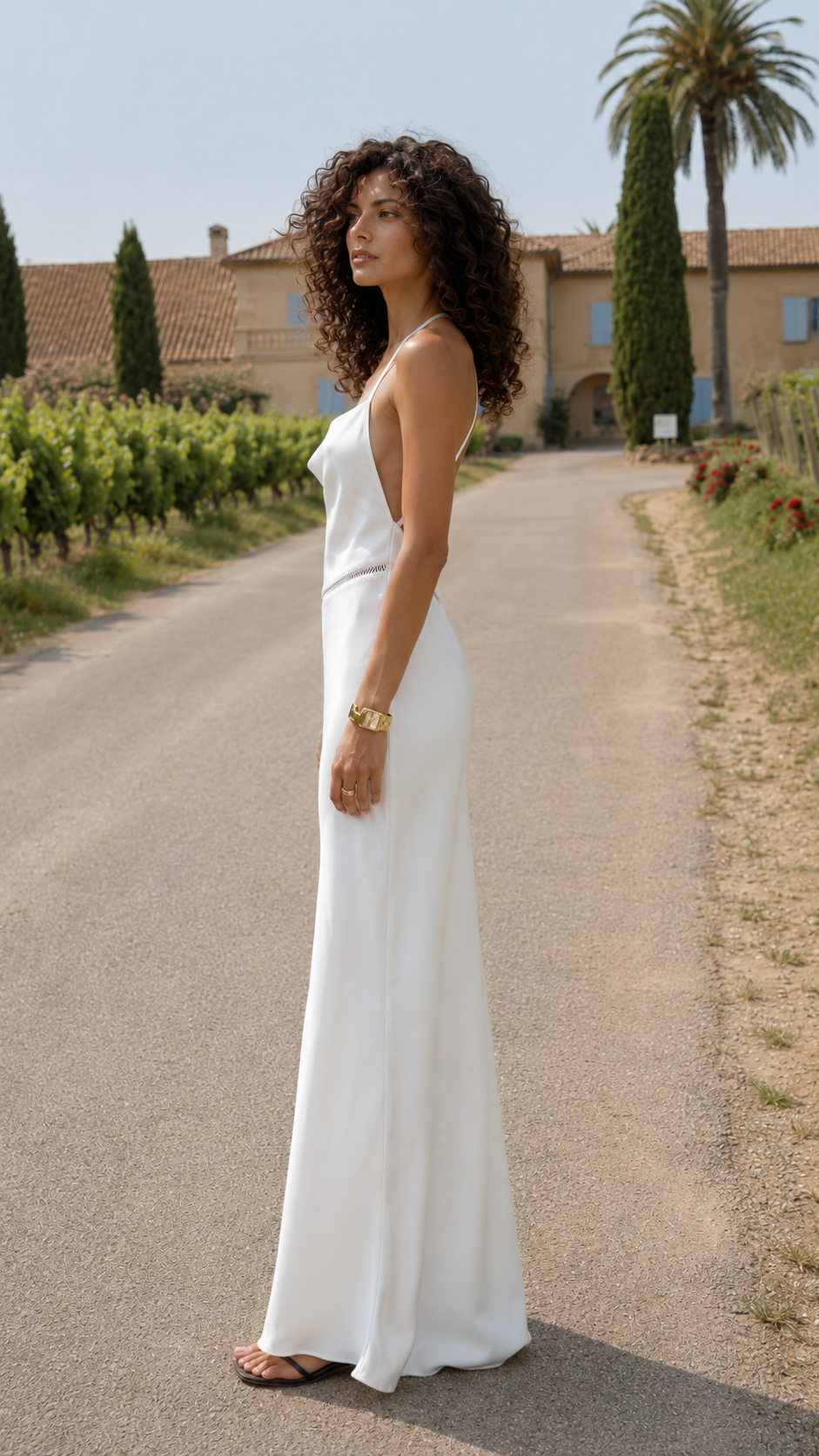 Side view of ivory satin-look maxi slip dress with slim straps