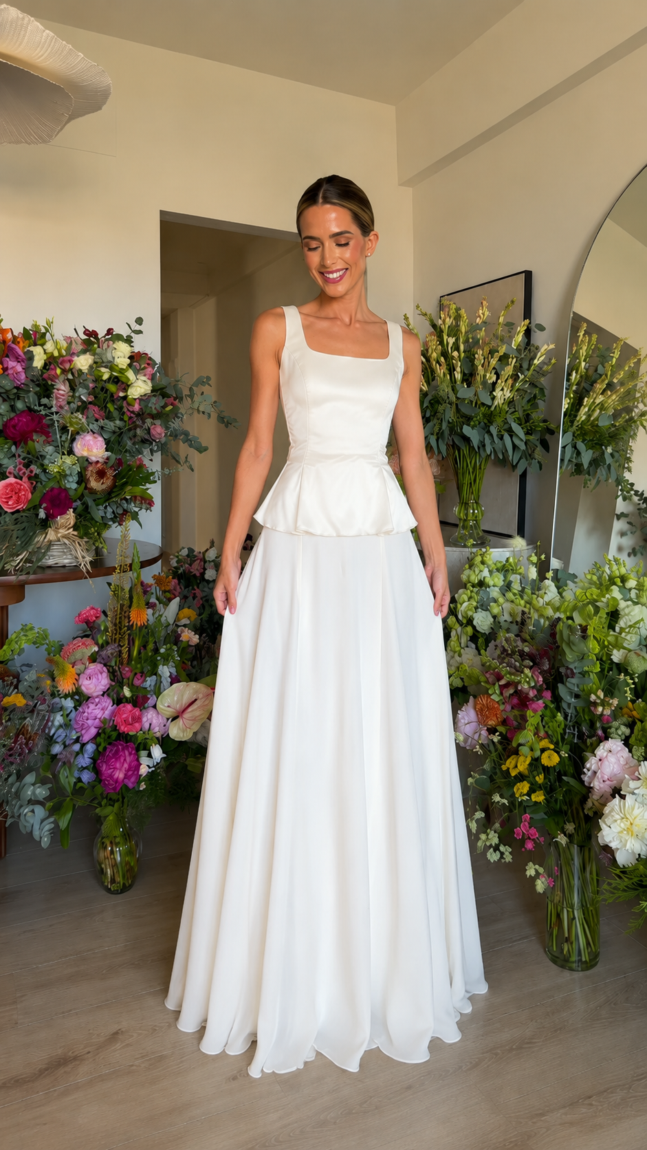 Front view of white sleeveless square neck peplum maxi dress