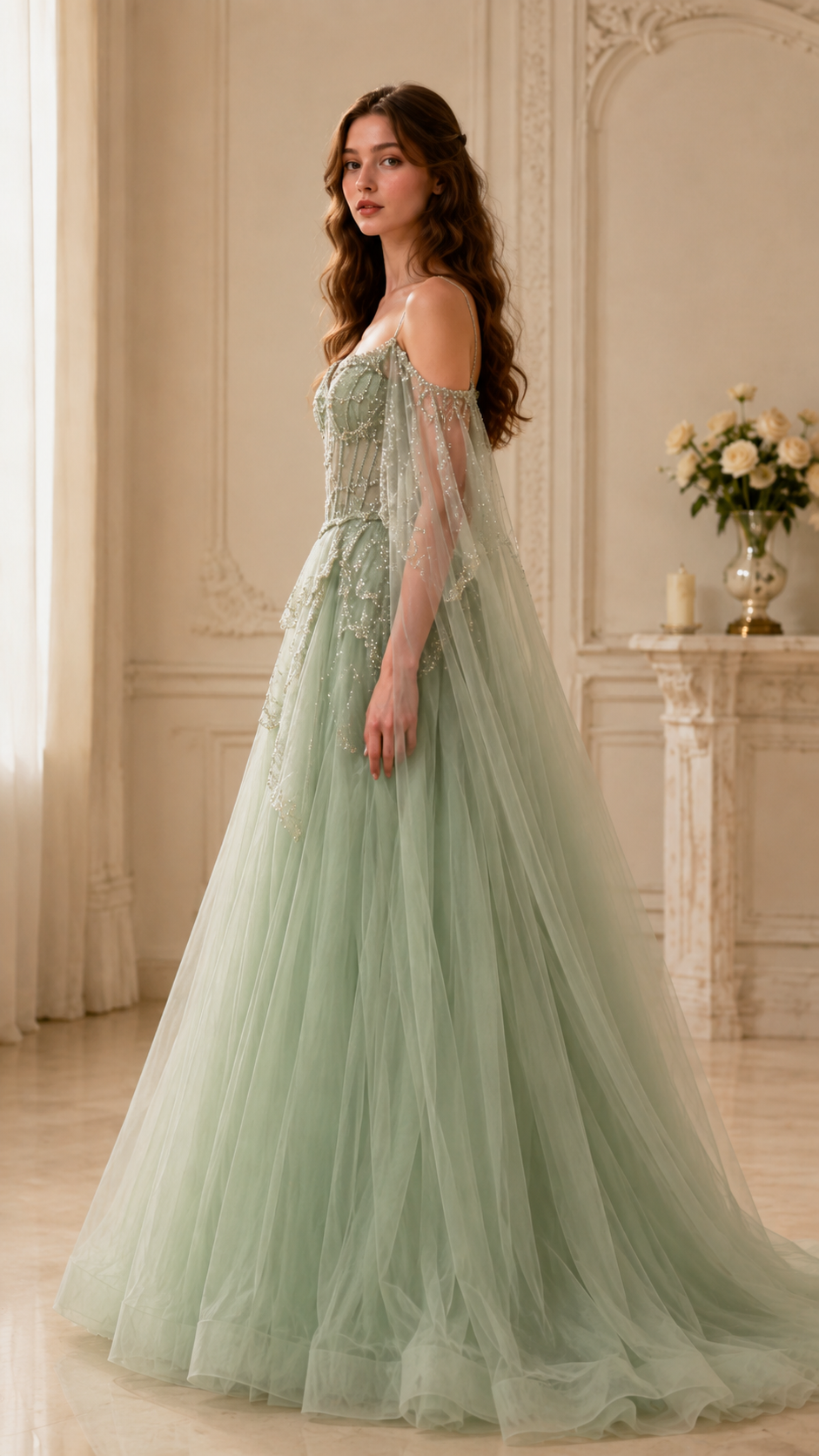 Side view of sage formal ball gown with sheer draped sleeves and full layered skirt