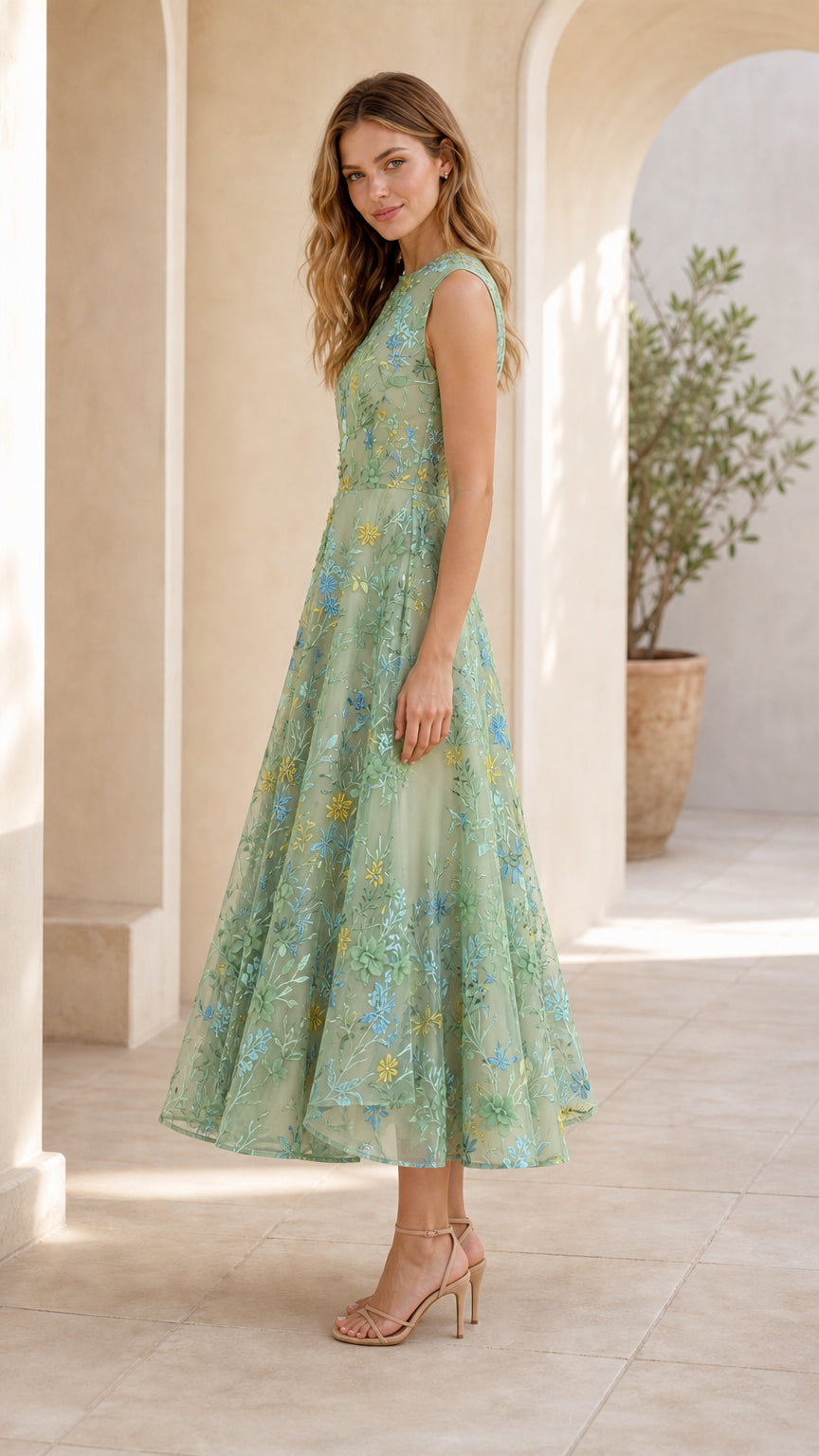 Sage green floral embroidered midi dress side view