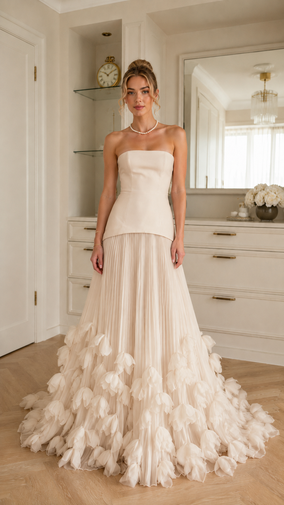 Front view of champagne strapless evening gown with pleated skirt and textured hem
