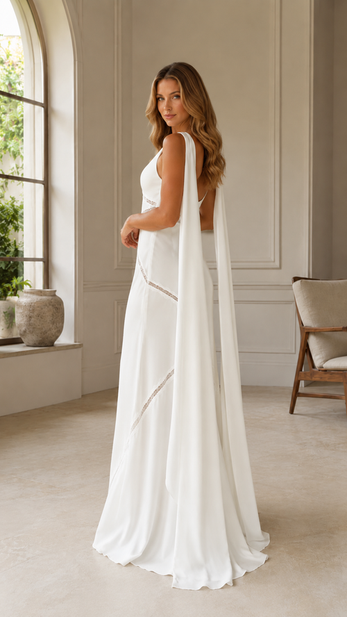 Side view of white floor-length gown with flowing cape sleeve drape