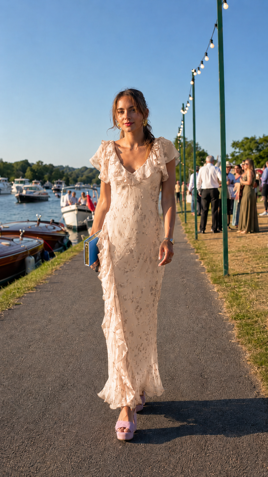 Front view of champagne ruffle V-neck floral textured maxi dress