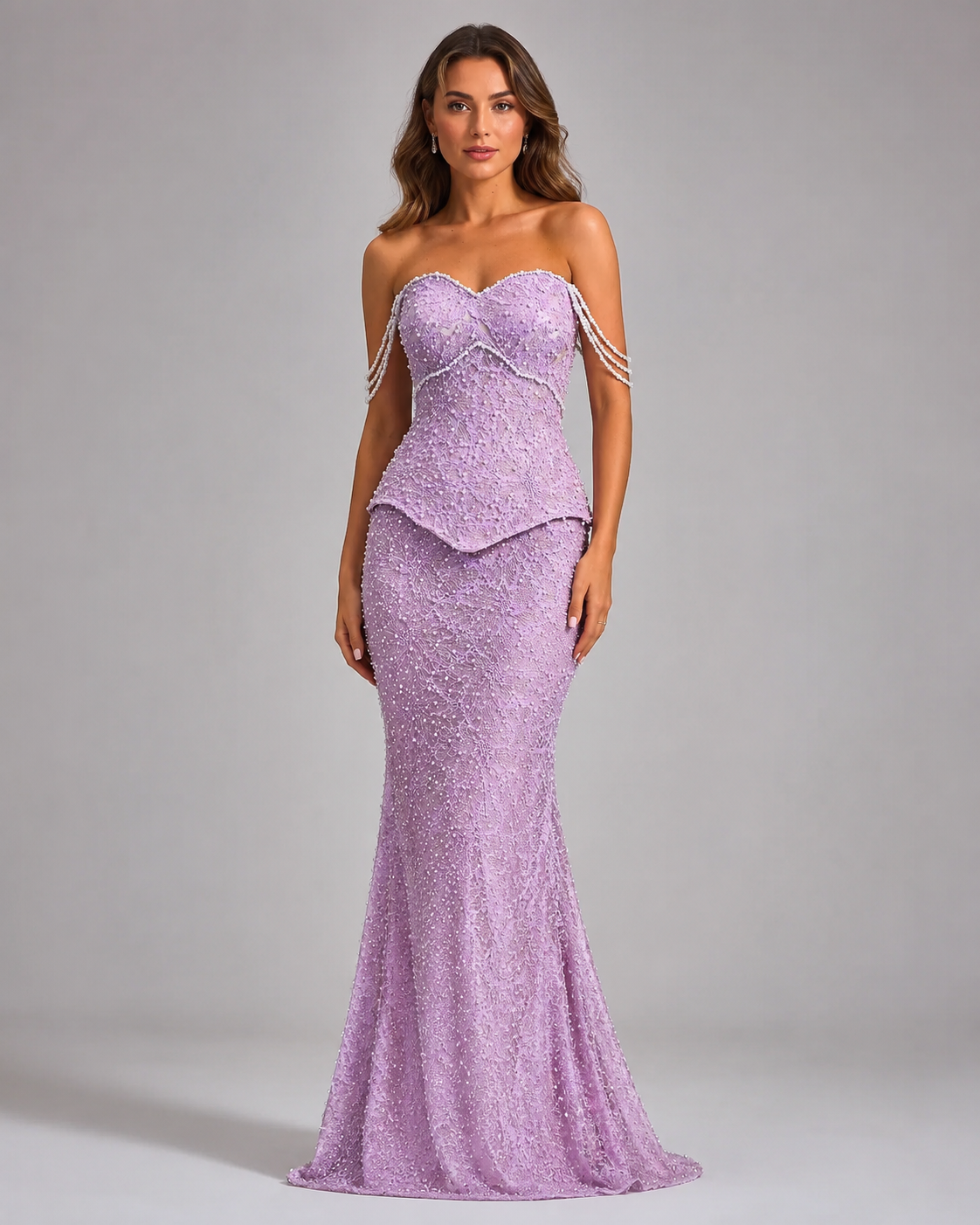 Front view of lilac beaded strapless mermaid evening gown with sweetheart neckline