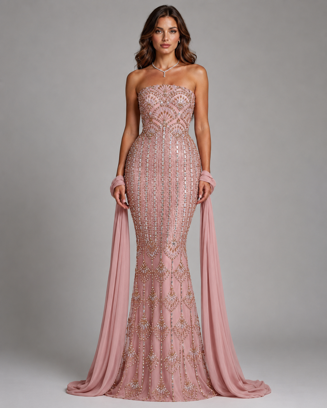 Front view of blush pink strapless embellished mermaid formal gown with soft draped scarf panels