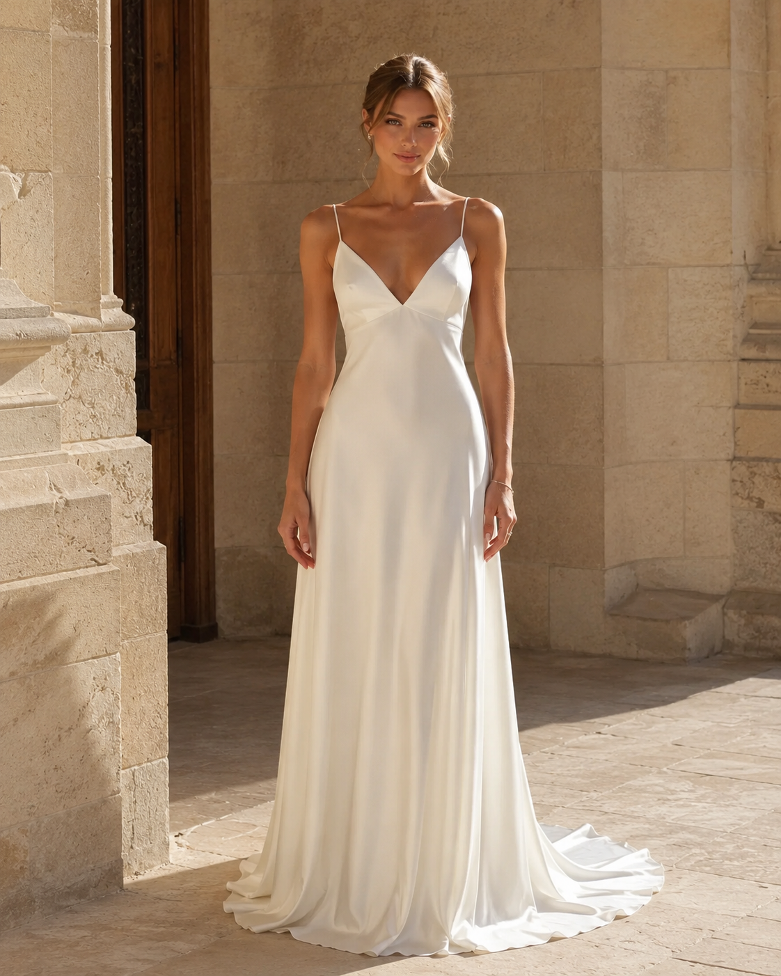 Ivory satin-look slip maxi dress front view with delicate straps
