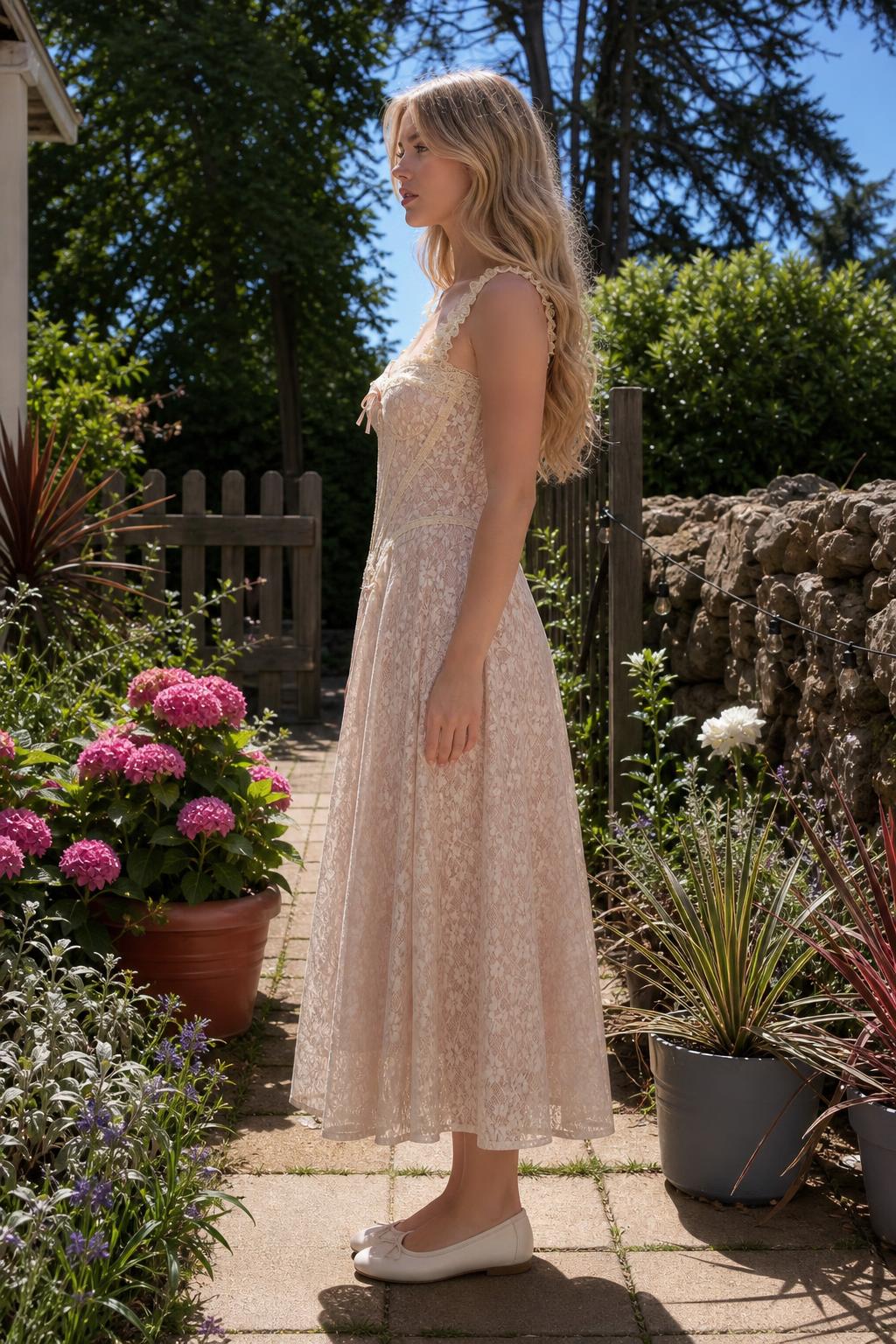 Side view of pink lace midi dress