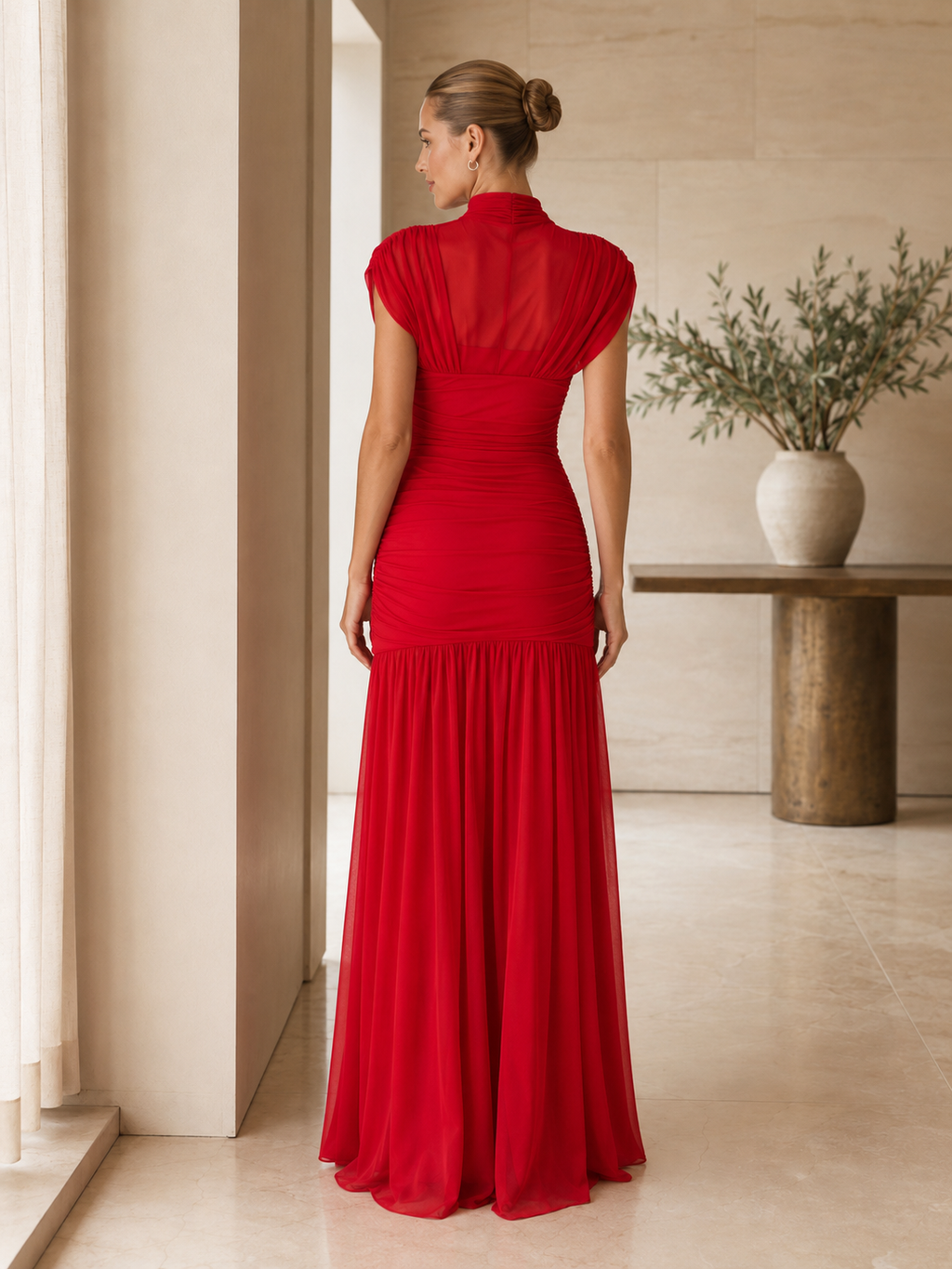 Red ruched mock neck mermaid maxi evening dress back view