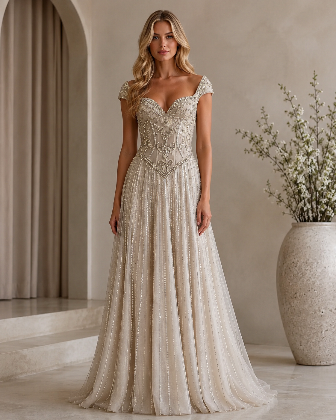 Champagne beaded sweetheart cap sleeve floor-length A-line evening gown front view