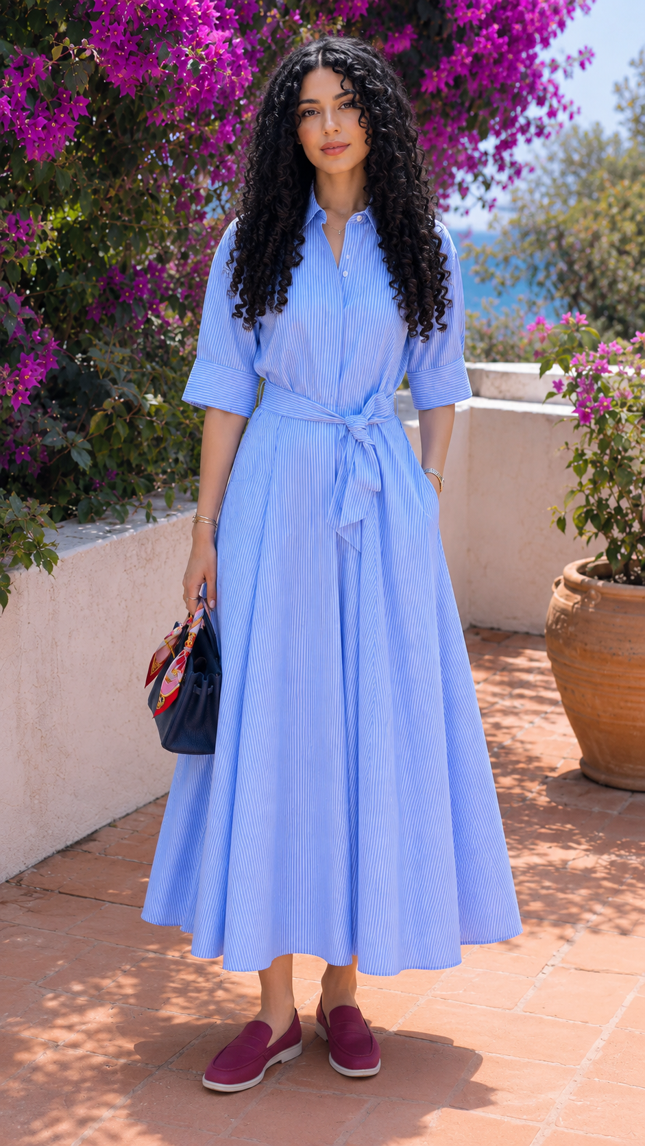 Woman wearing a sky blue striped belted shirt maxi dress with pleated skirt, front view