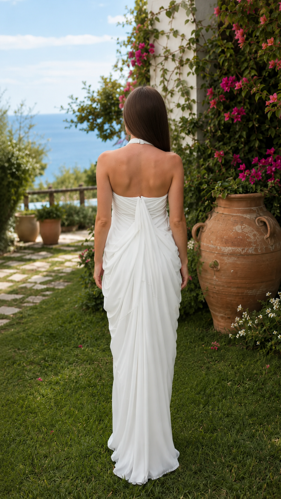 White pleated halter maxi dress with open back rear view
