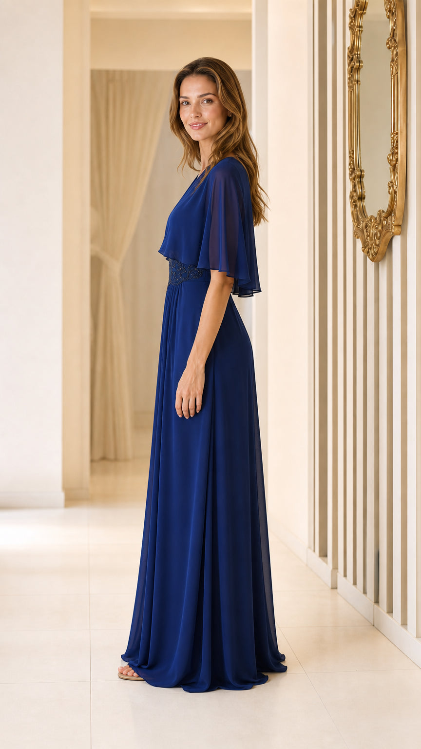 Side profile view of royal blue chiffon evening gown