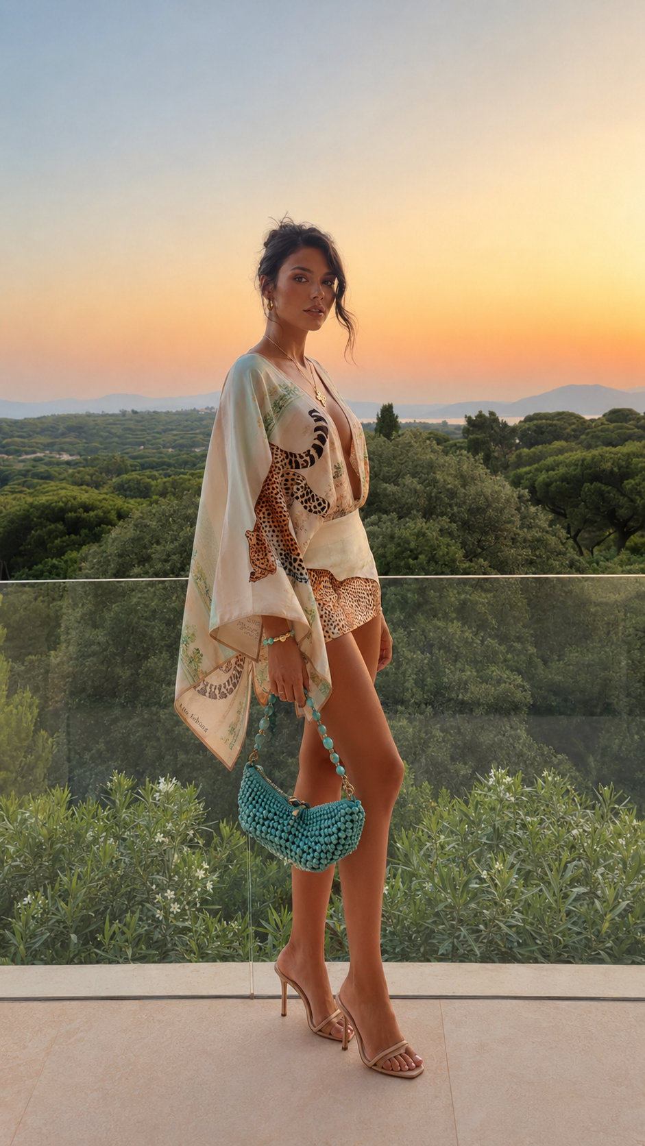 Side view of ivory printed kimono sleeve romper cover-up set with flowing sleeves