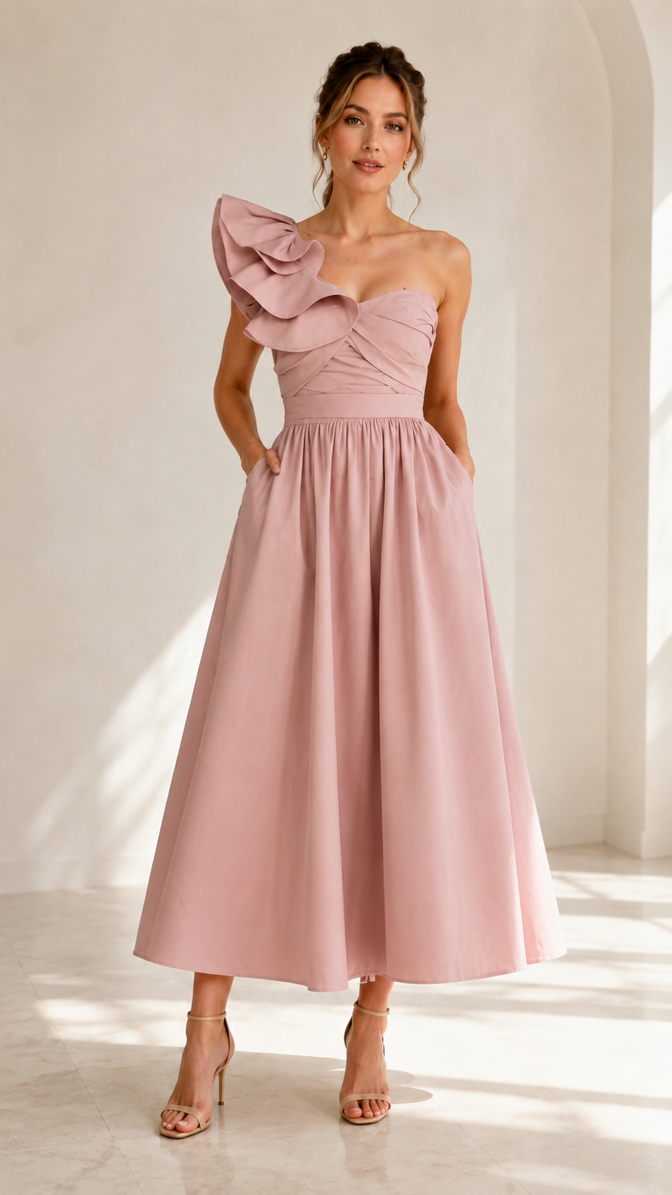 Front view of blush pink one-shoulder ruffle midi dress with full skirt