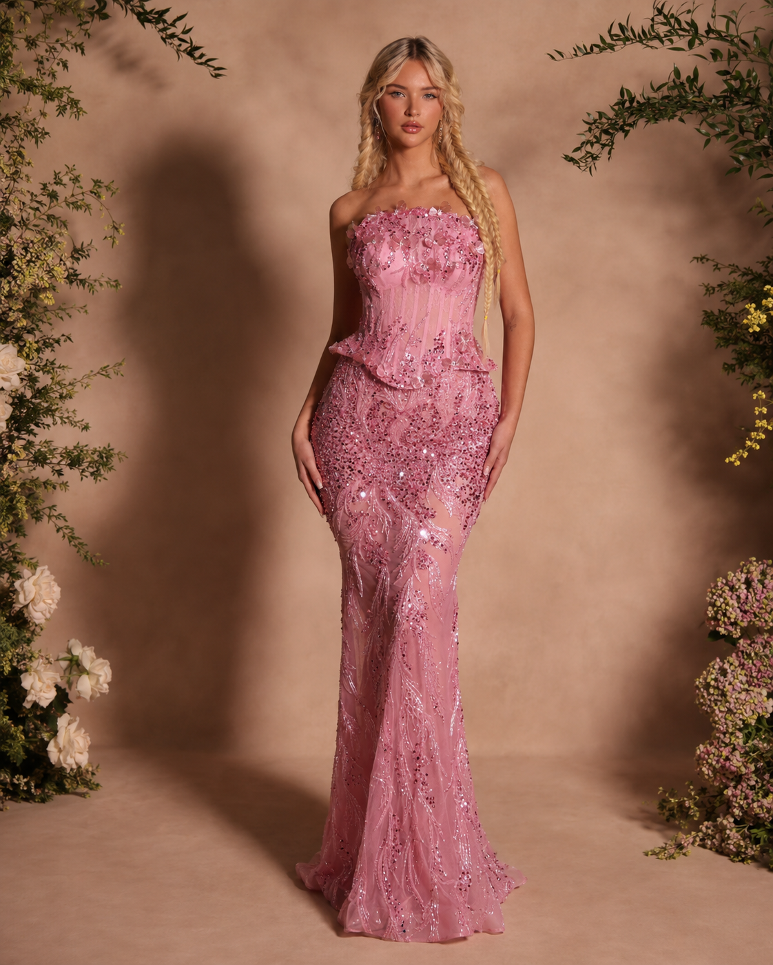 Blush pink strapless sequin mermaid gown with floral corset-look bodice front view