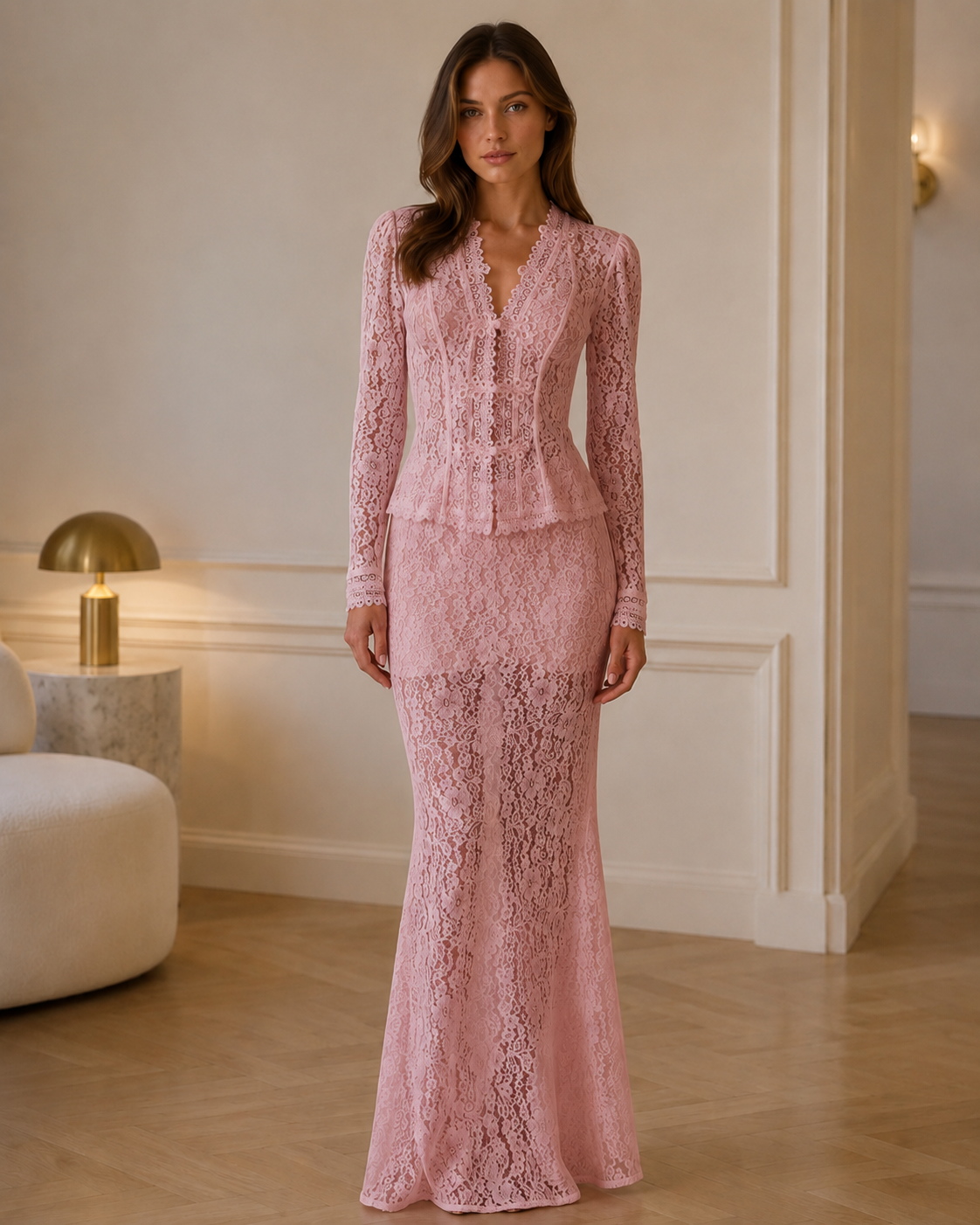 Front view of blush pink lace long sleeve mermaid maxi dress with deep V neckline