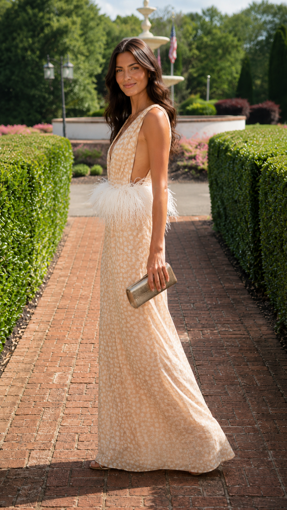 Side view of champagne sleeveless wide leg jumpsuit with plunging neckline and feather-look waist detail