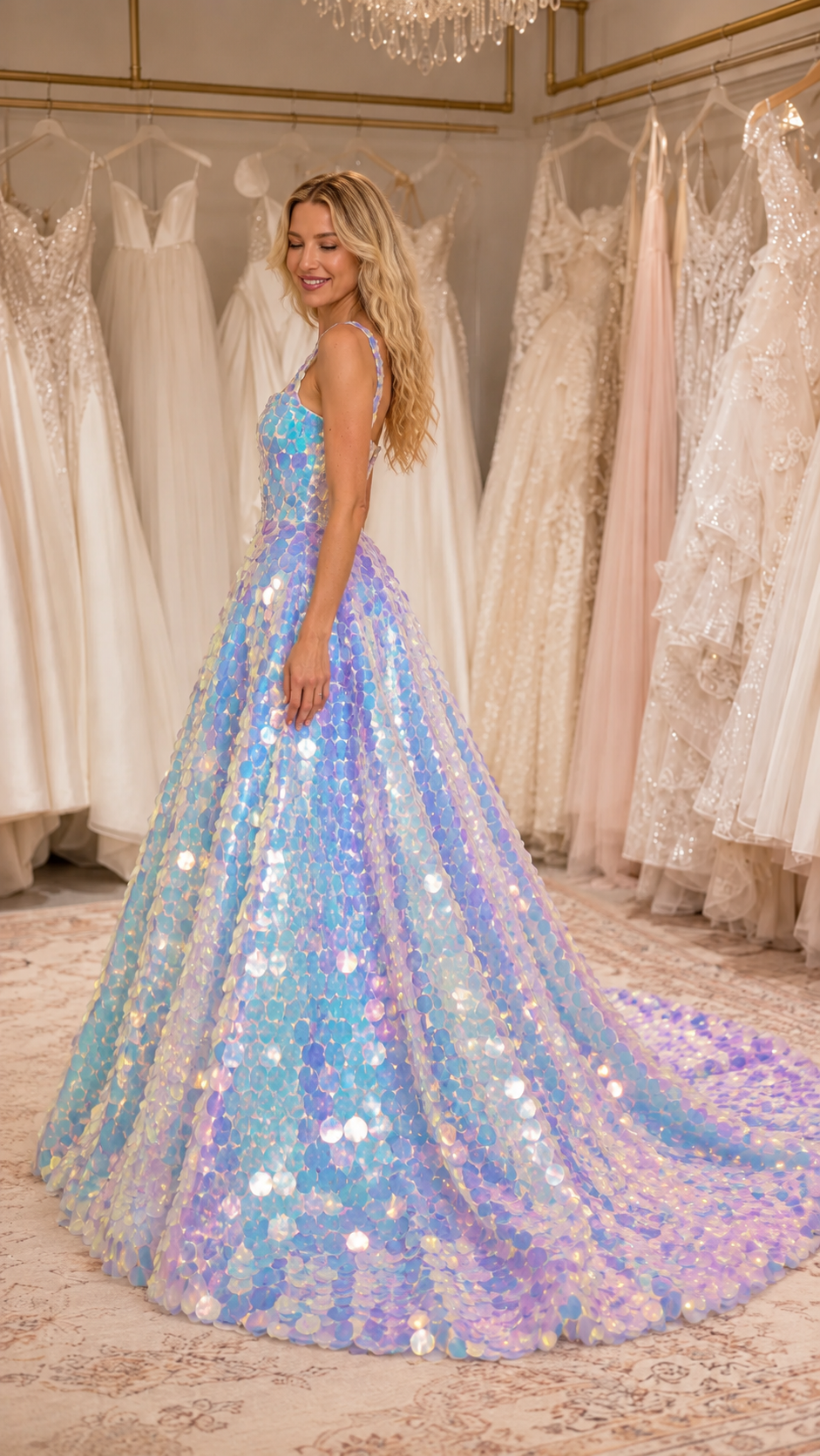 Side view of iridescent blue sequin formal gown with fitted bodice and sweeping train
