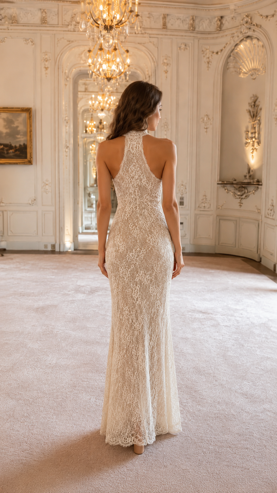 Back view of ivory high neck lace mermaid gown