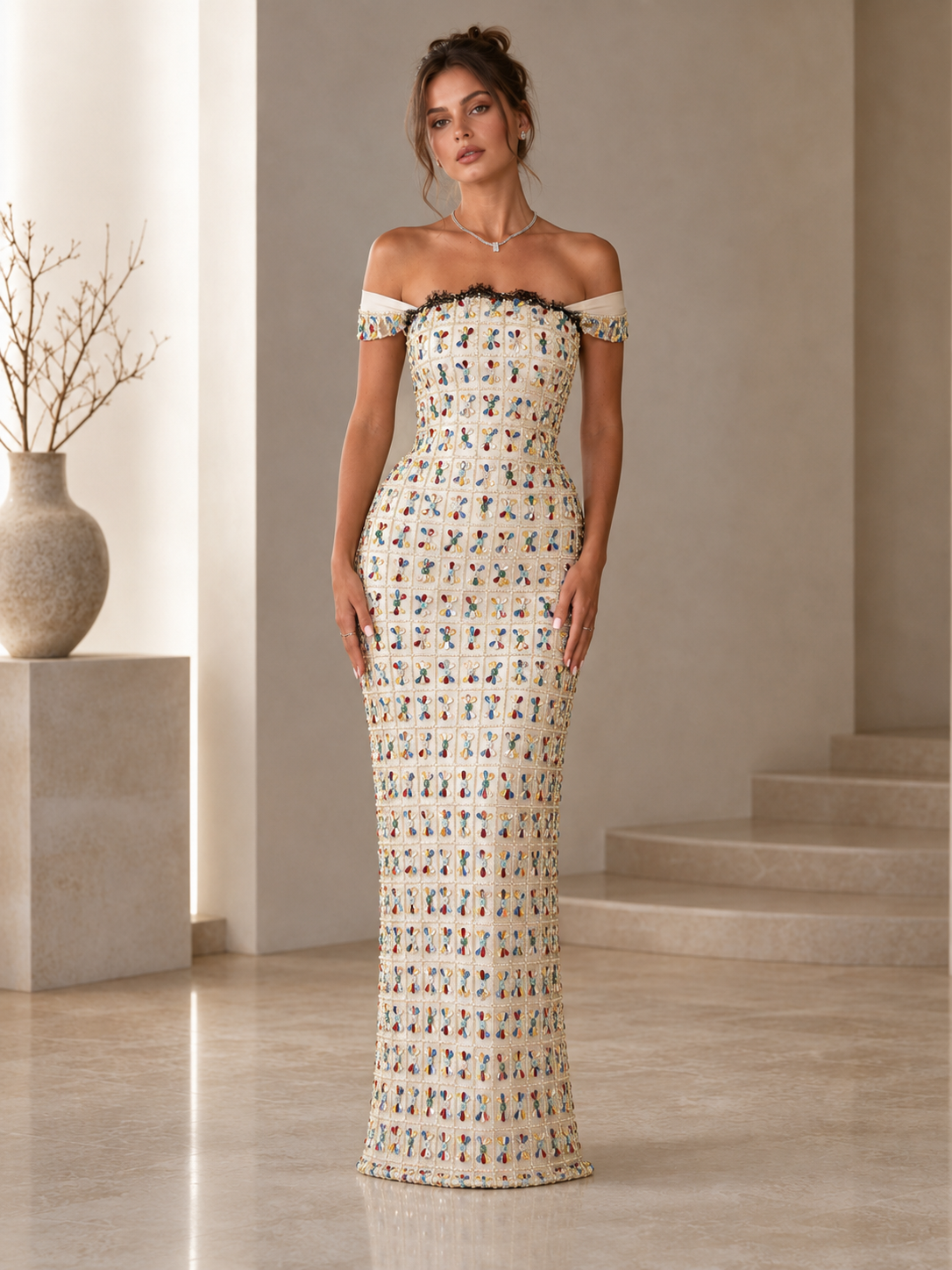 Front full-length view of ivory off-shoulder embellished mermaid maxi dress