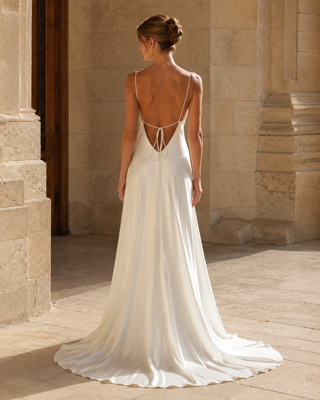 Ivory open back slip maxi dress with lace-up back detail