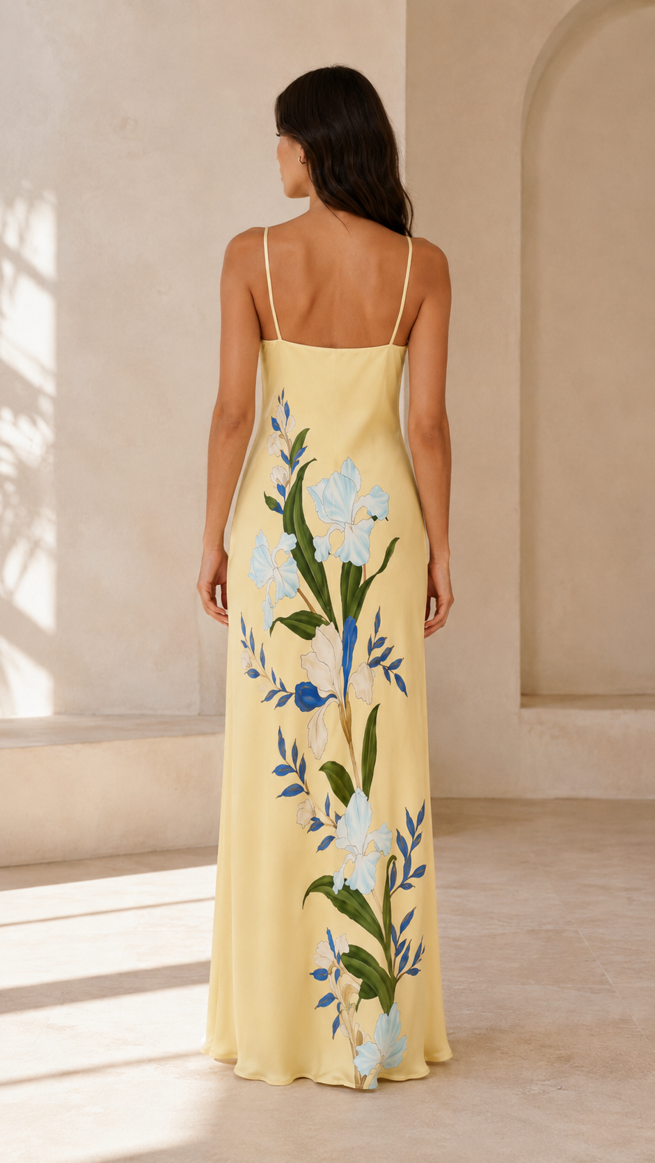 Back view of butter yellow floral slip maxi dress