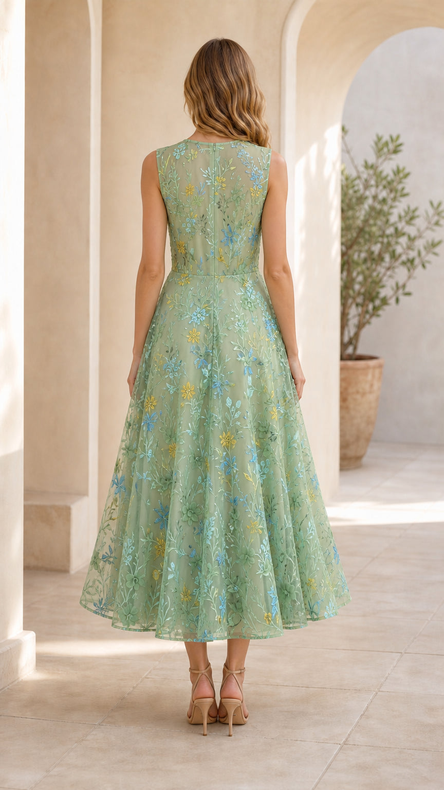 Sage green floral embroidered midi dress back view