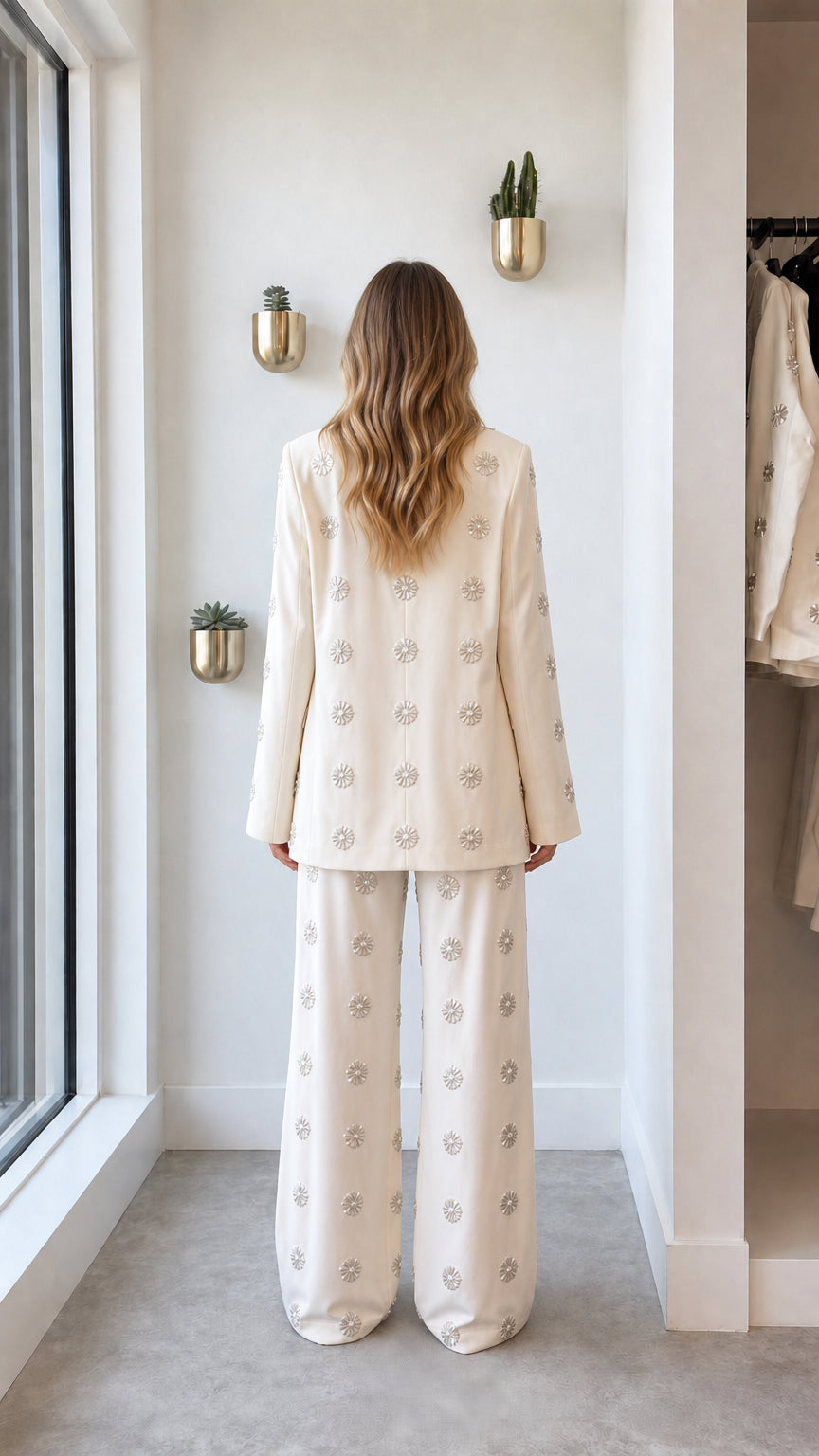 Back view of cream rhinestone pant suit set