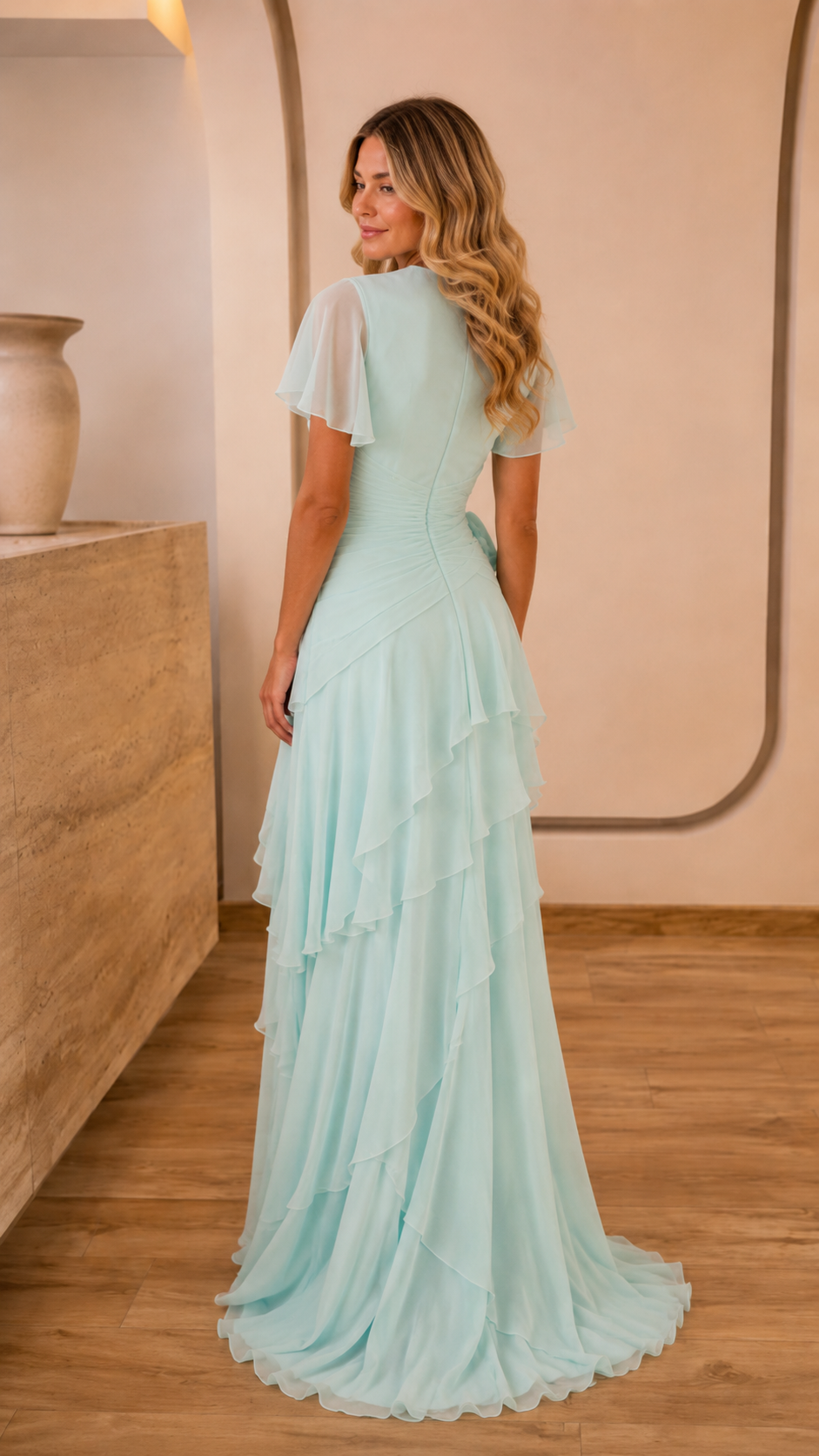 Back view of light blue flutter sleeve maxi dress with layered ruffle skirt