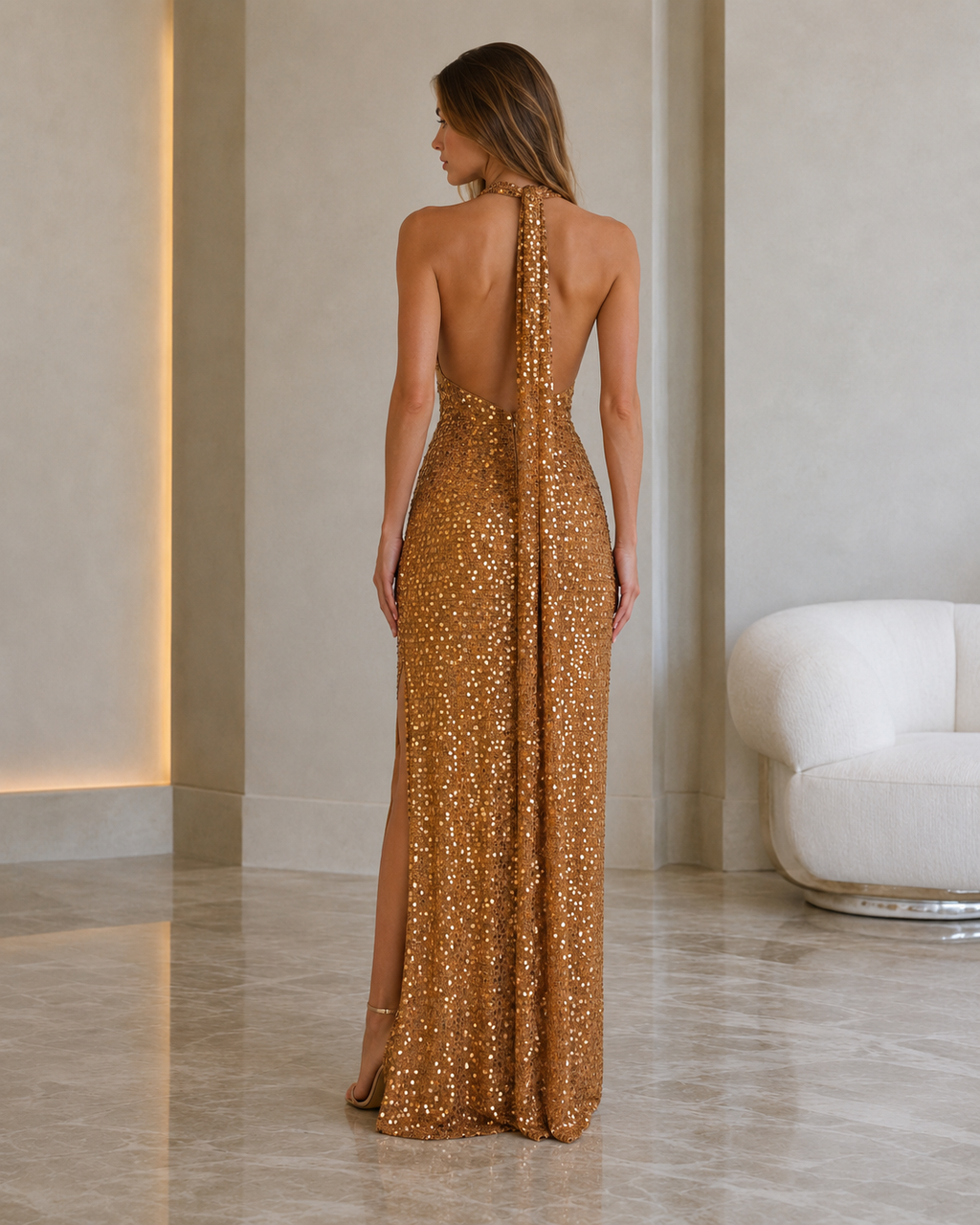 Back view of the gold sequin halter maxi gown with open back and trailing tie