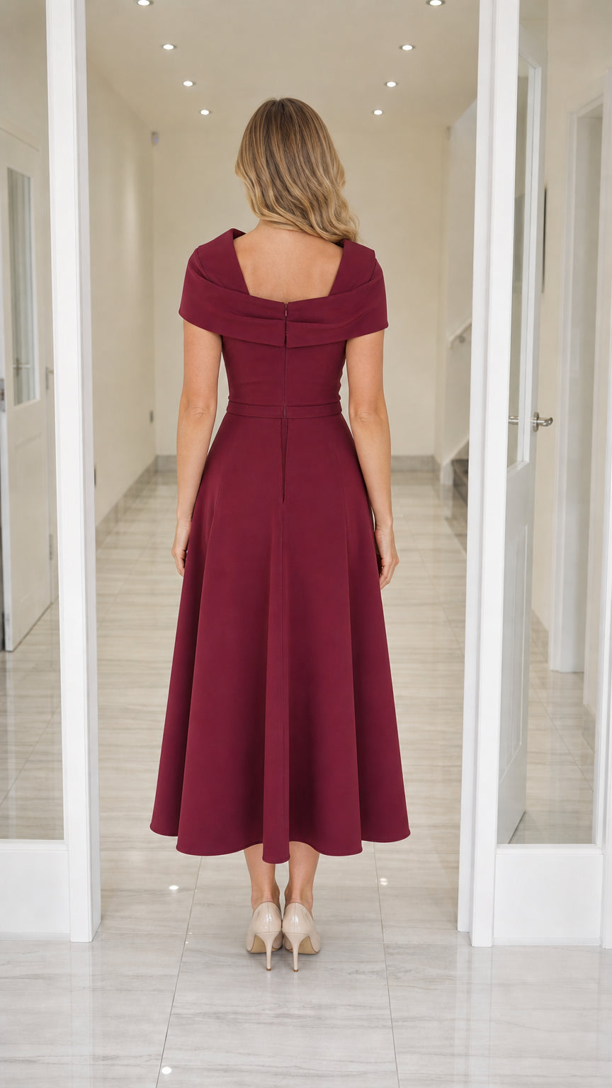 Back view of burgundy midi dress