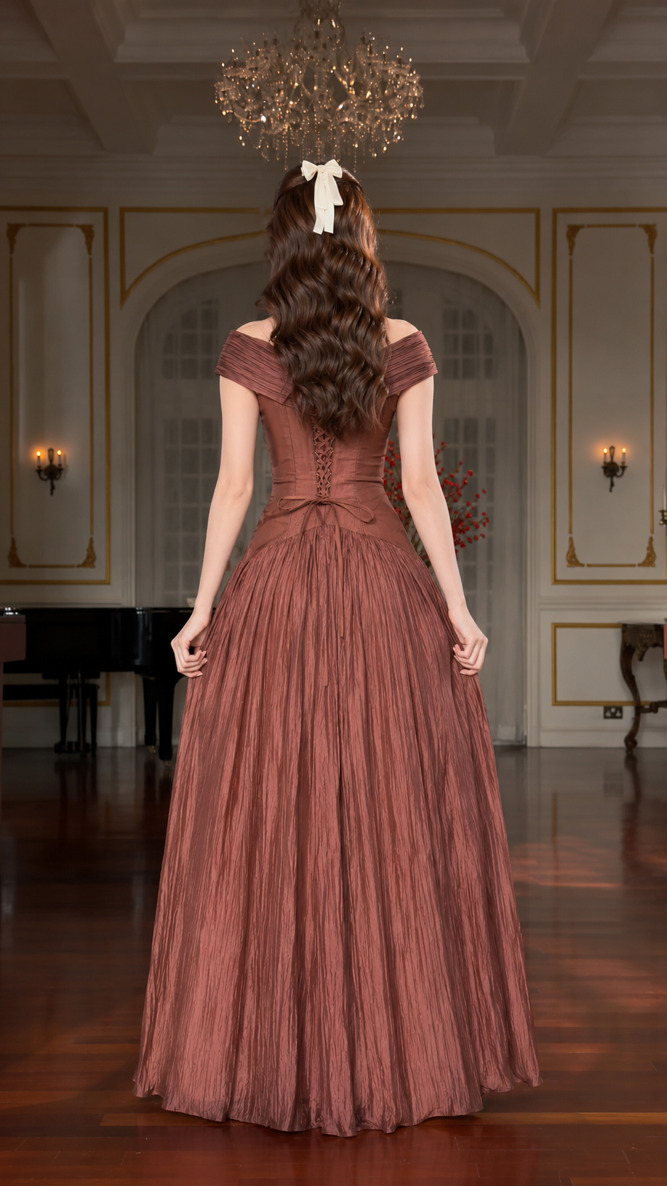 Back view of dusty rose evening gown with lace-up corset-style back and full pleated skirt