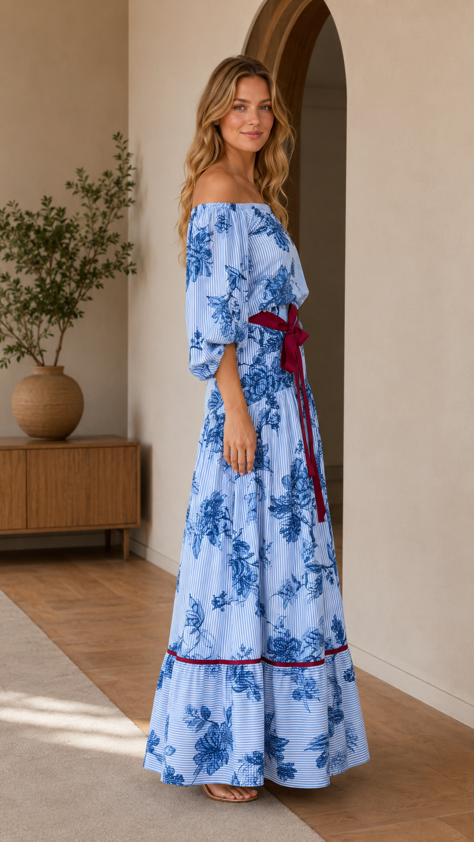 Sky blue off-shoulder floral maxi dress side view with contrast waist tie
