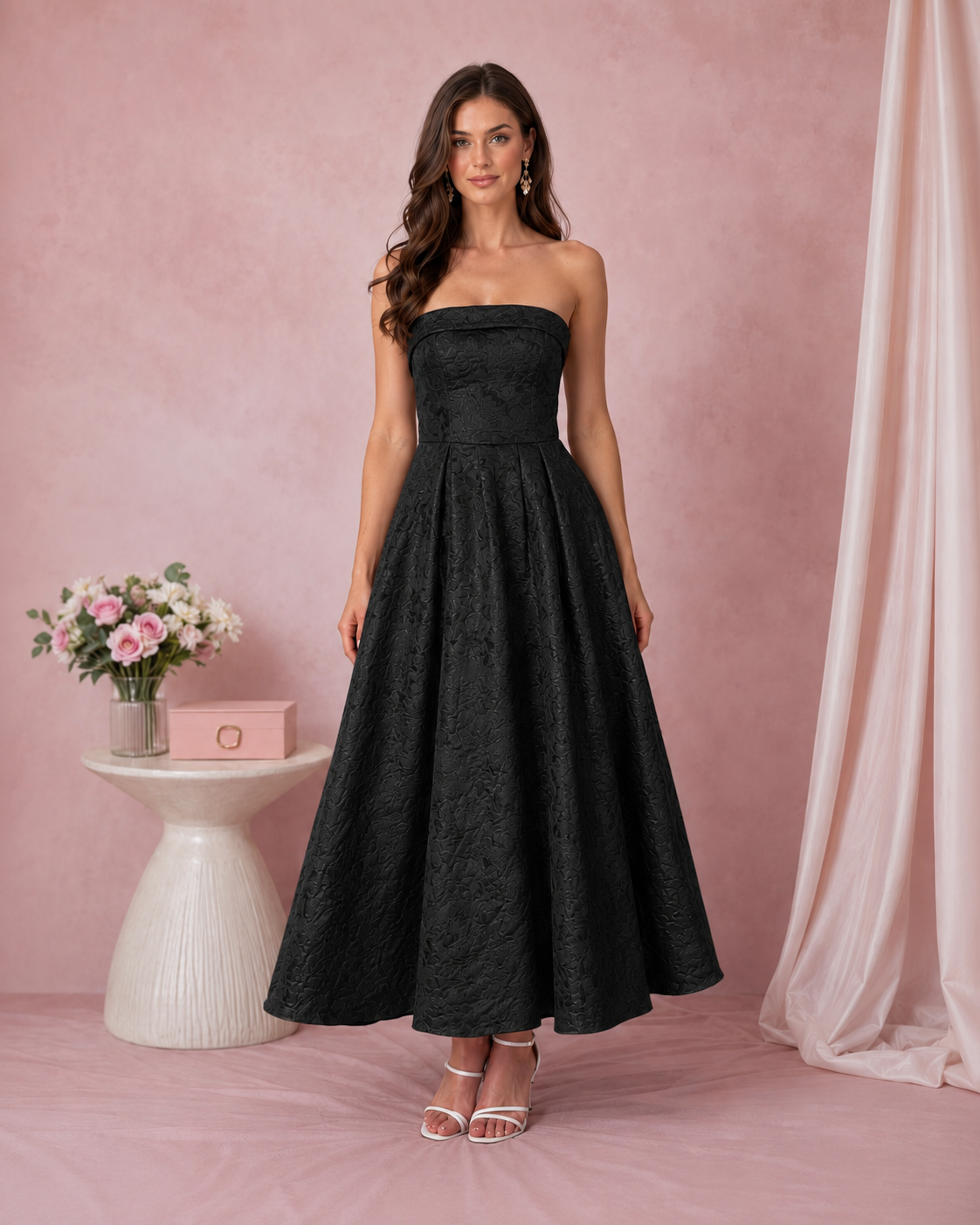 Front view of black strapless jacquard A-line midi dress