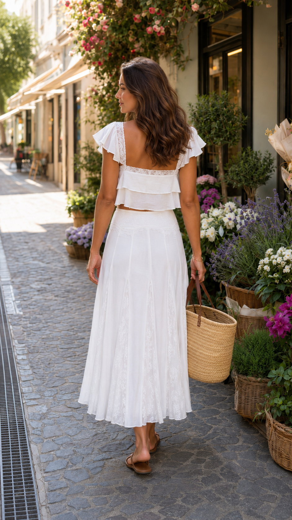 Back view of white two-piece skirt set with open back top detail