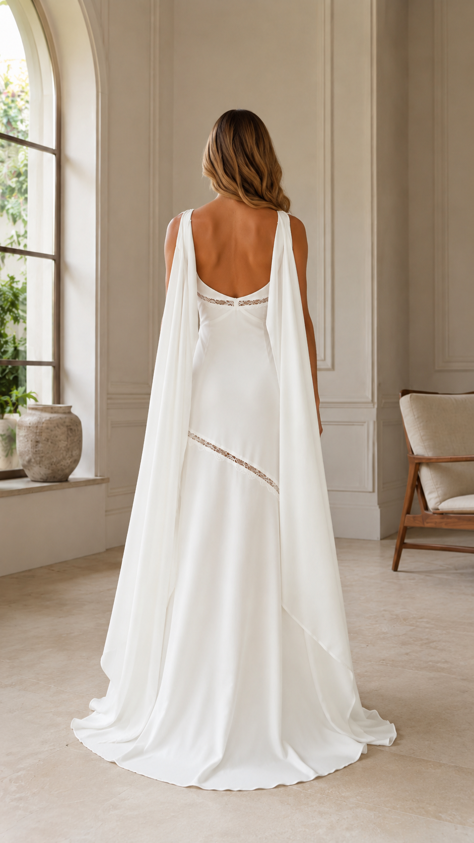 Back view of white formal gown with low back and long cape panels