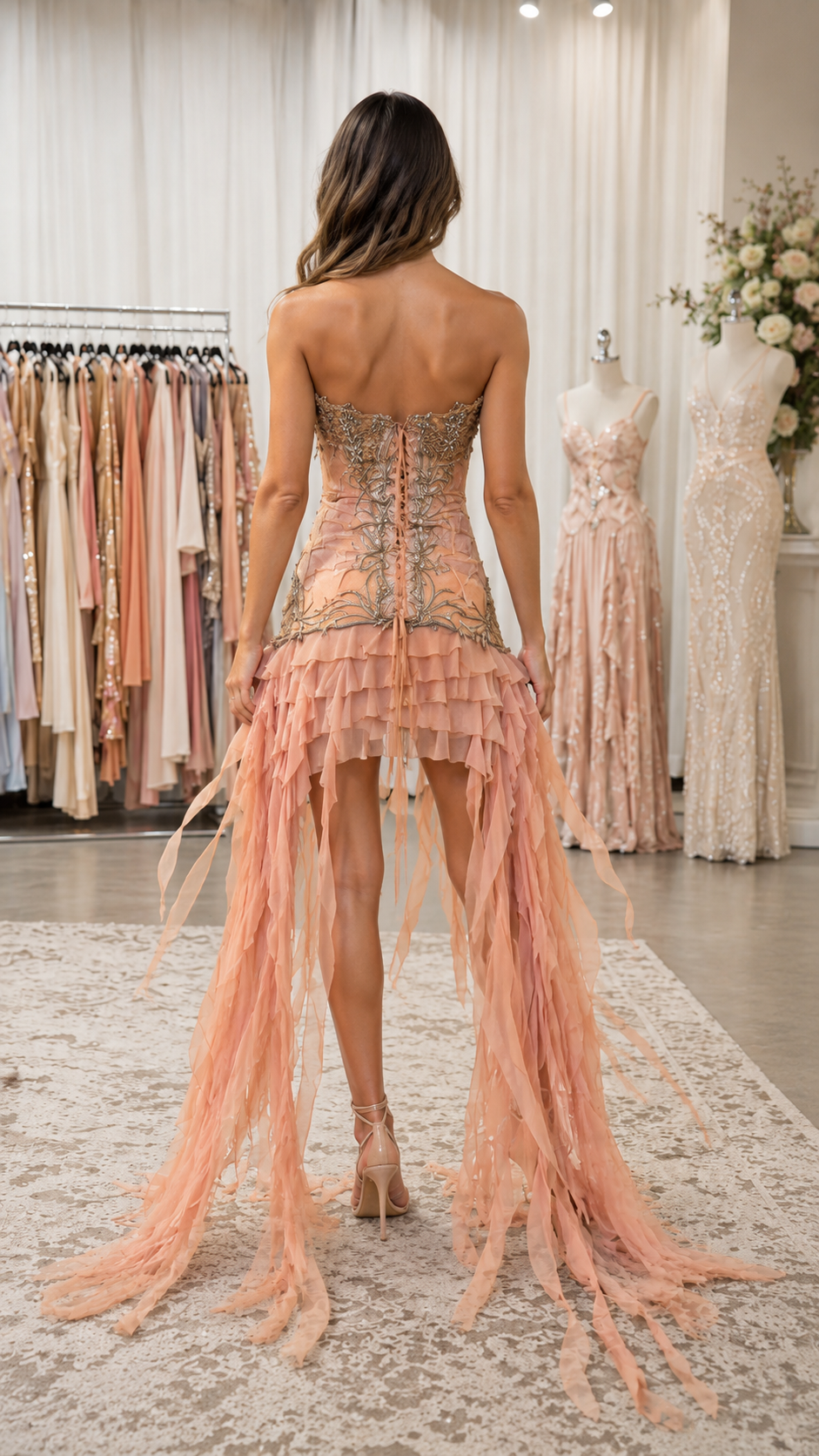 Back view of blush strapless evening dress with lace-up corset back and long tulle panels