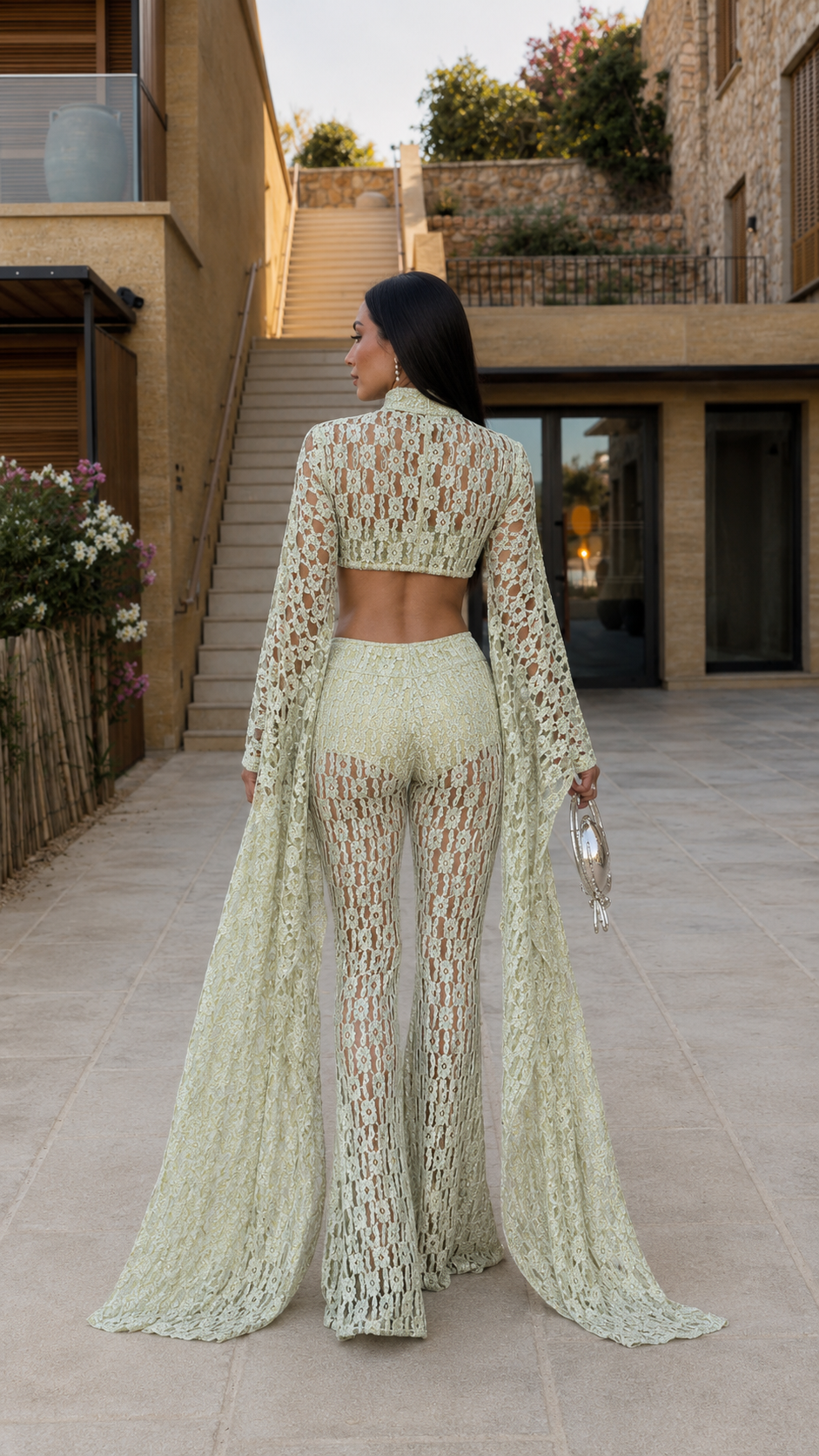 Back view of sage sheer lace set showing open back crop top and long duster