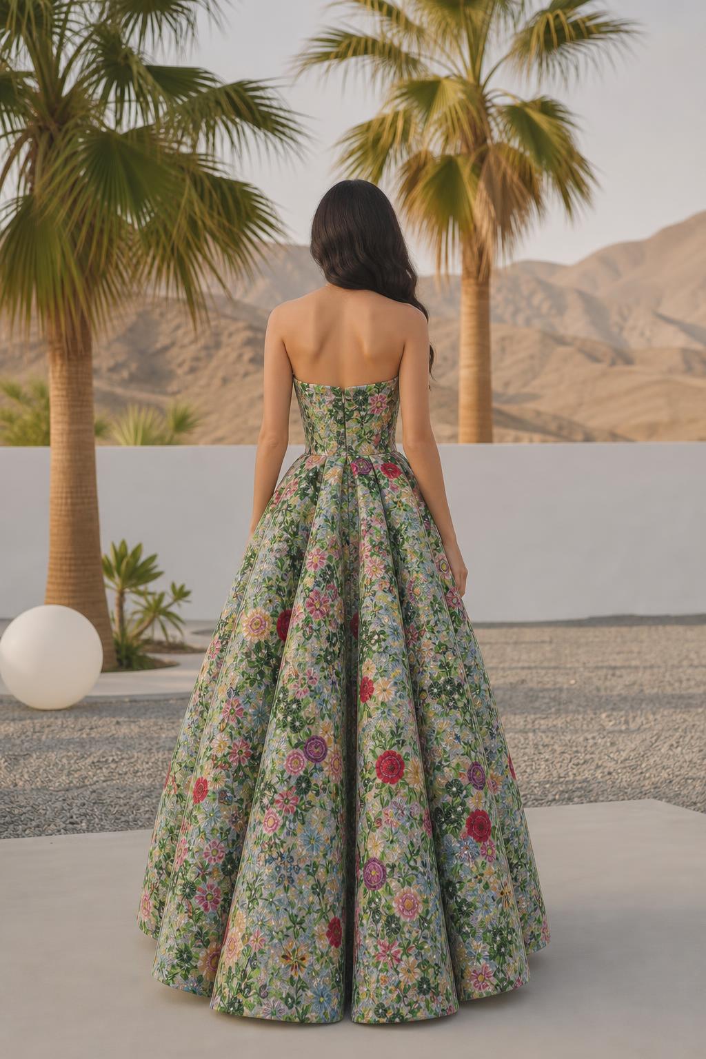 Back view of multi green floral embroidered ball gown