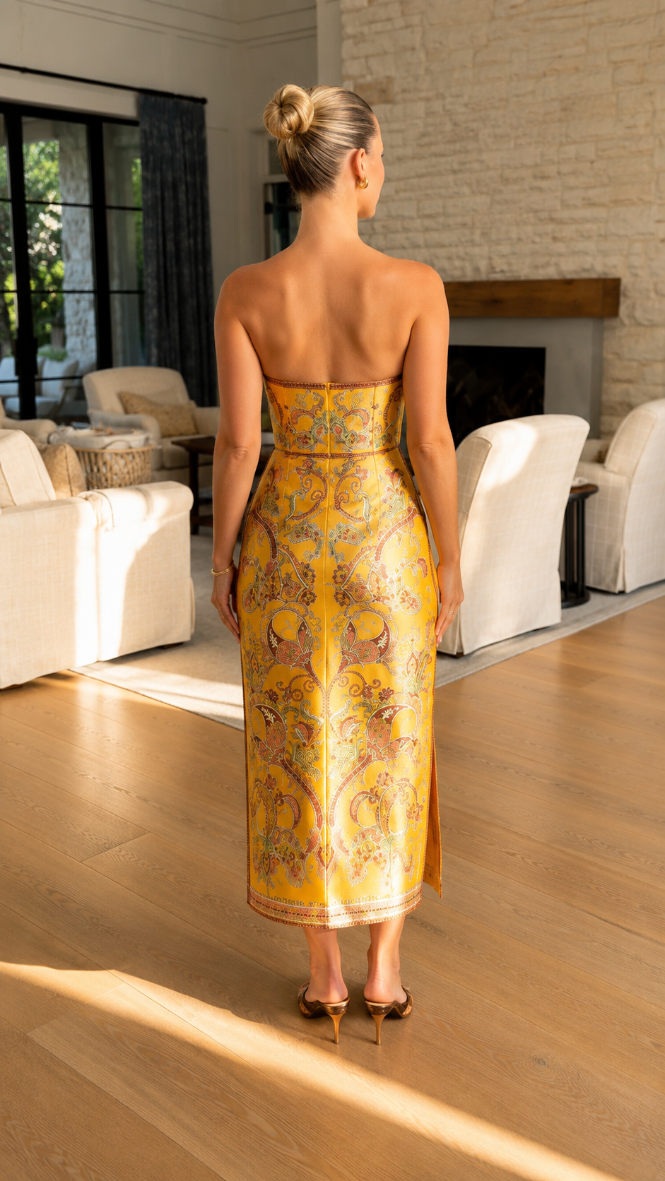 Back view of mustard strapless ornate print midi column dress