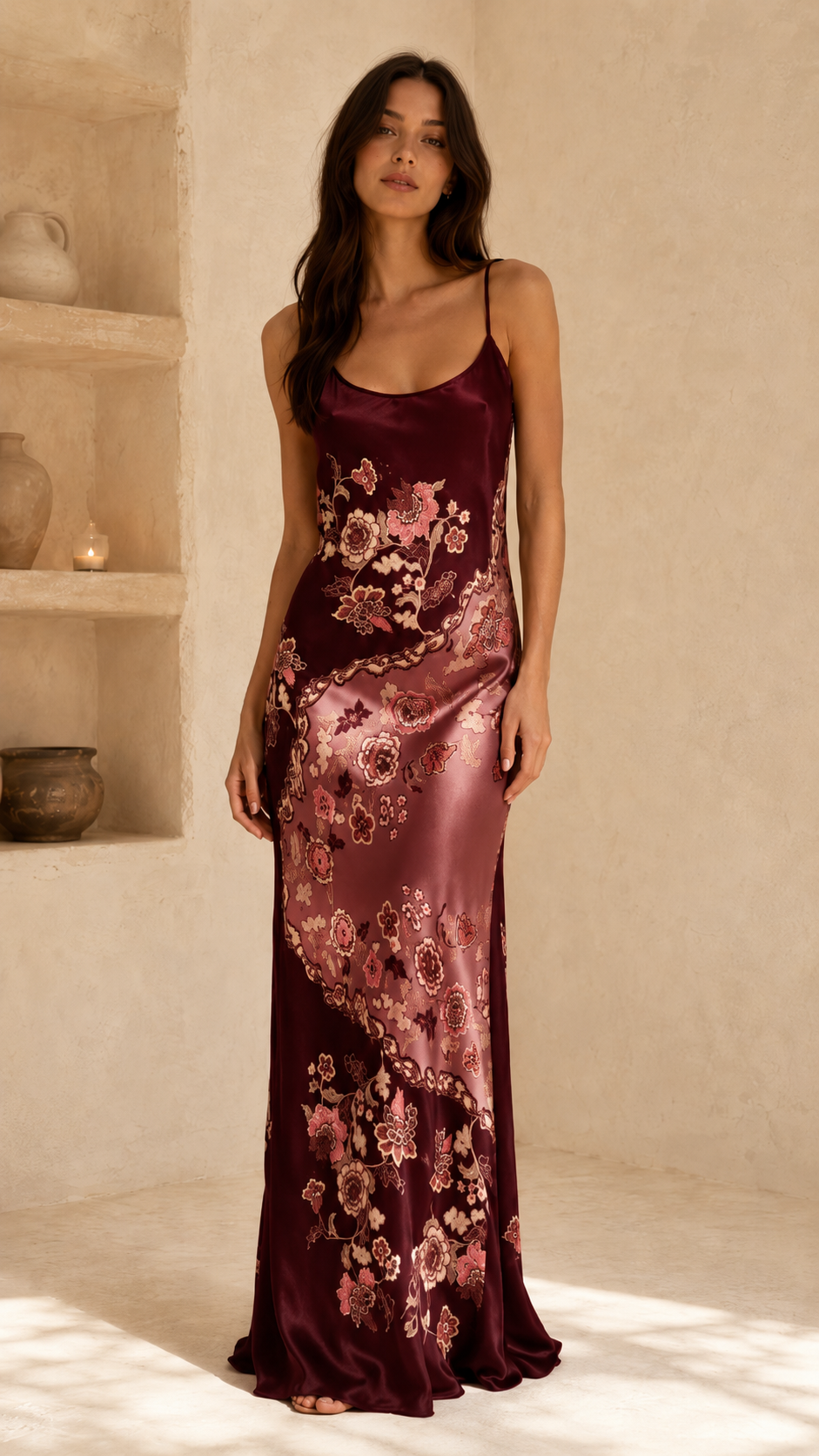 Full-length burgundy floral satin slip maxi dress with glossy finish
