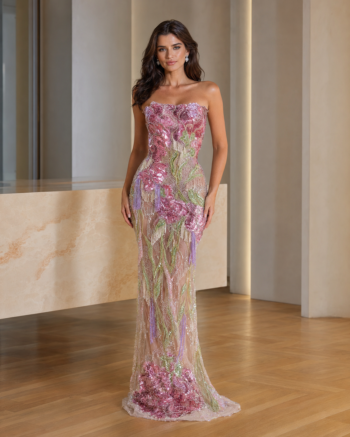 Pink strapless floral sequin embroidered evening gown front view