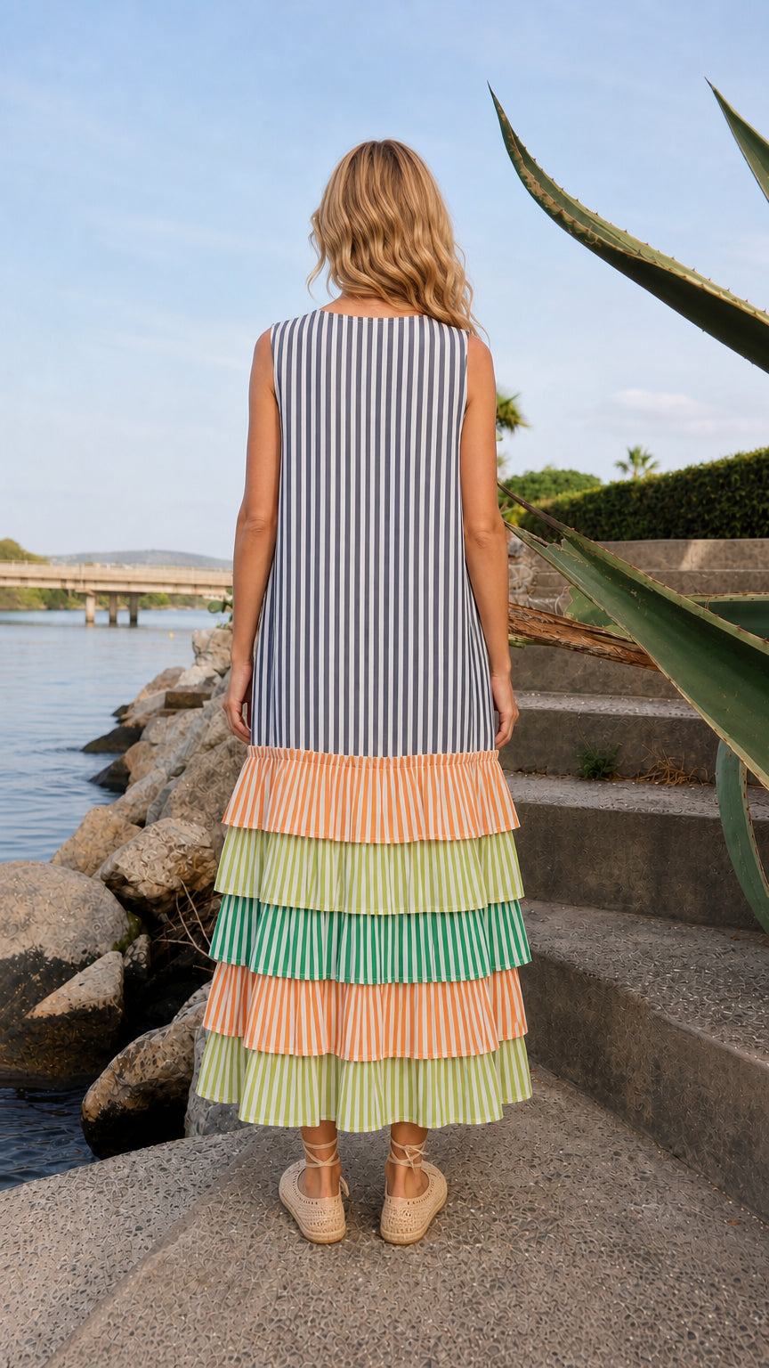 Model wearing blue striped tiered ruffle maxi dress, back view