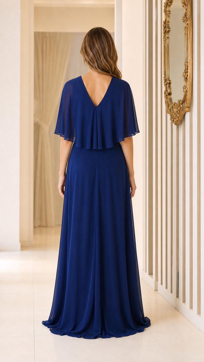 Back view of royal blue cape sleeve maxi dress