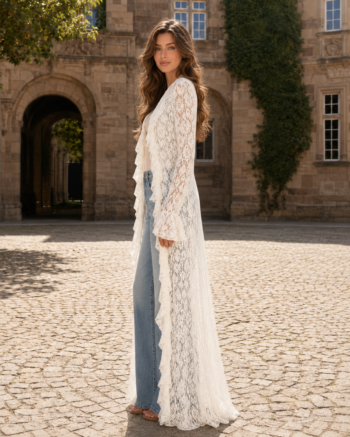 White sheer lace maxi cover up shown from the side with cascading ruffle trim