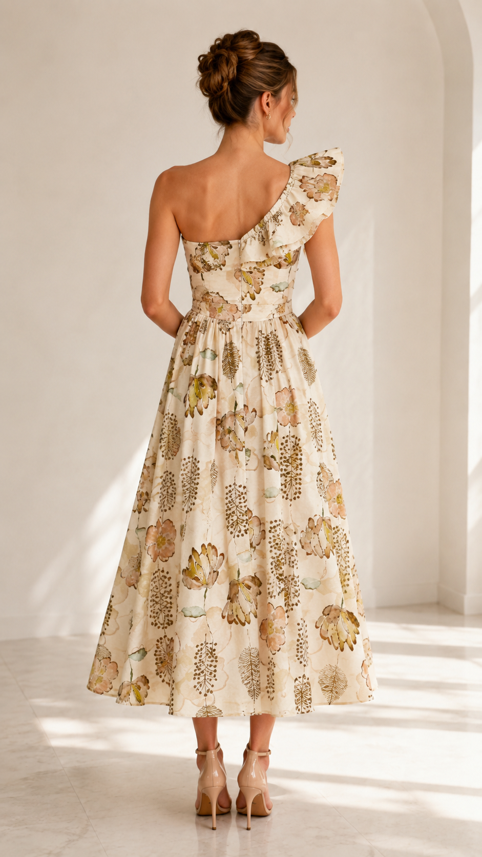 Back view of cream floral one-shoulder ruffle midi dress